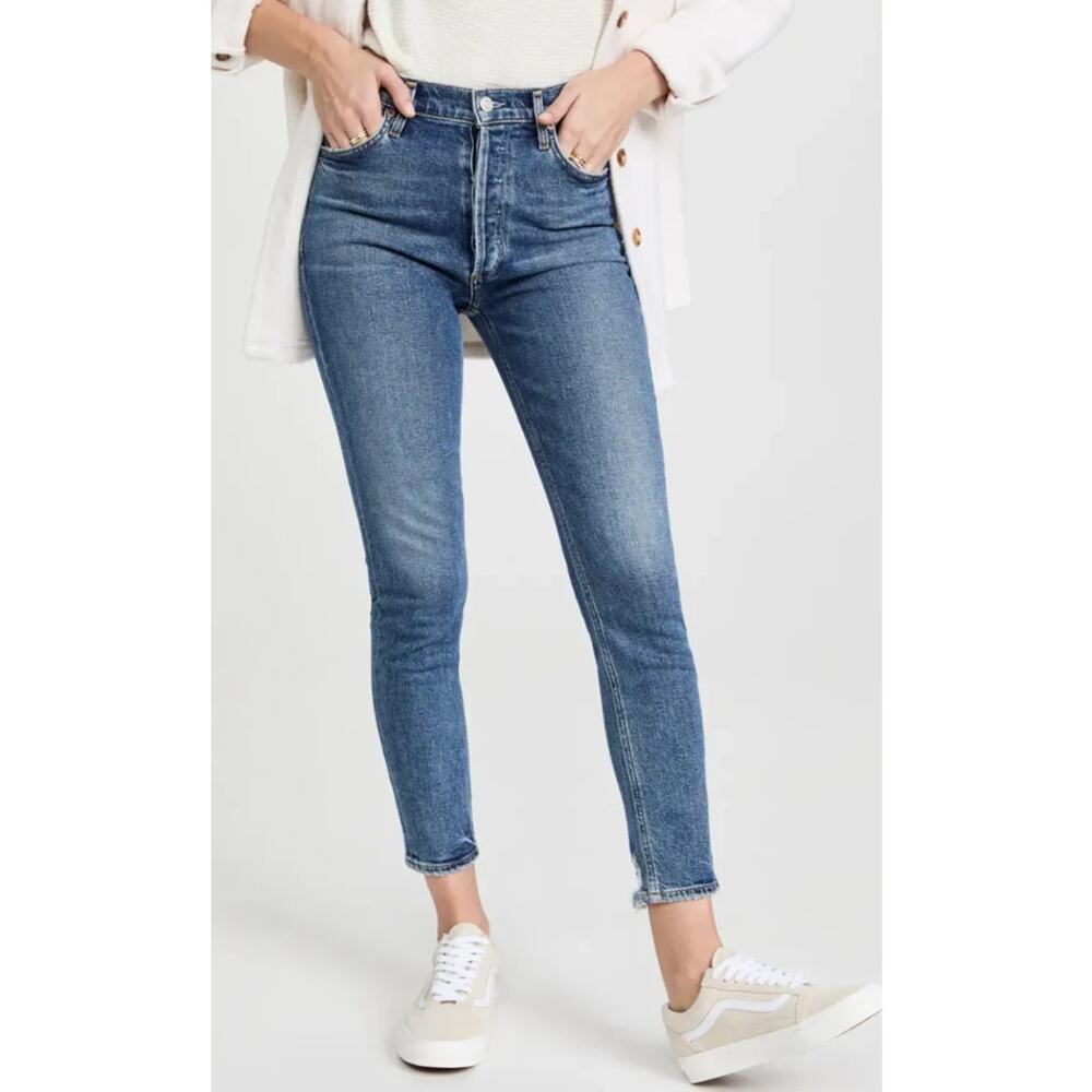 AGOLDE Nico High Rise Distressed Hem Button-Fly Denim Skinny Jeans Blue 25